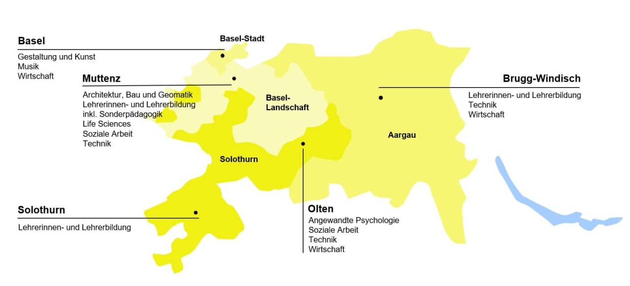 Die Abbildung zeigt eine Karte der vier Kantone mit den Standorten der FHNW und den Fachbereichen, die an den Standorten angeboten werden