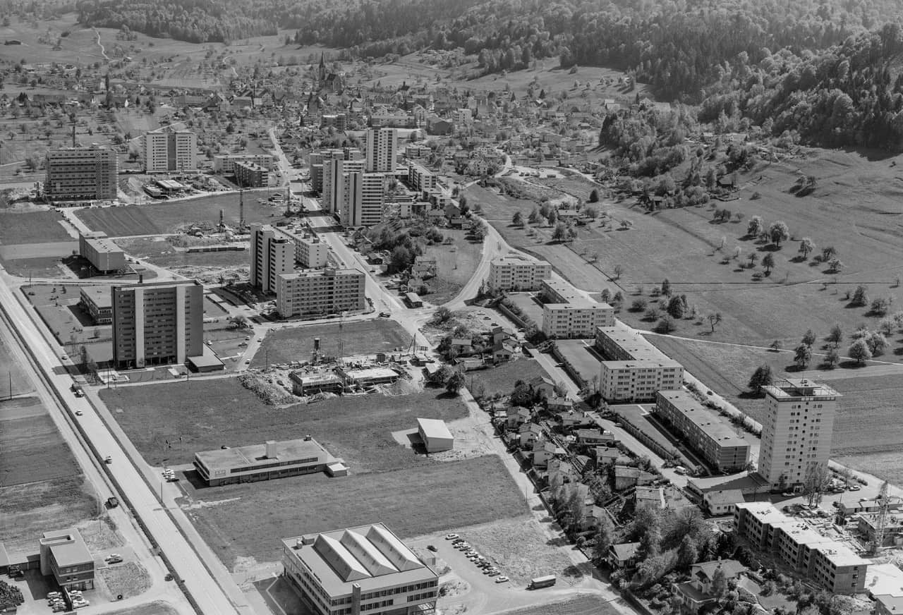 Baustellen im Langäckerquartier, 1966, Luftbild von Nordwesten
