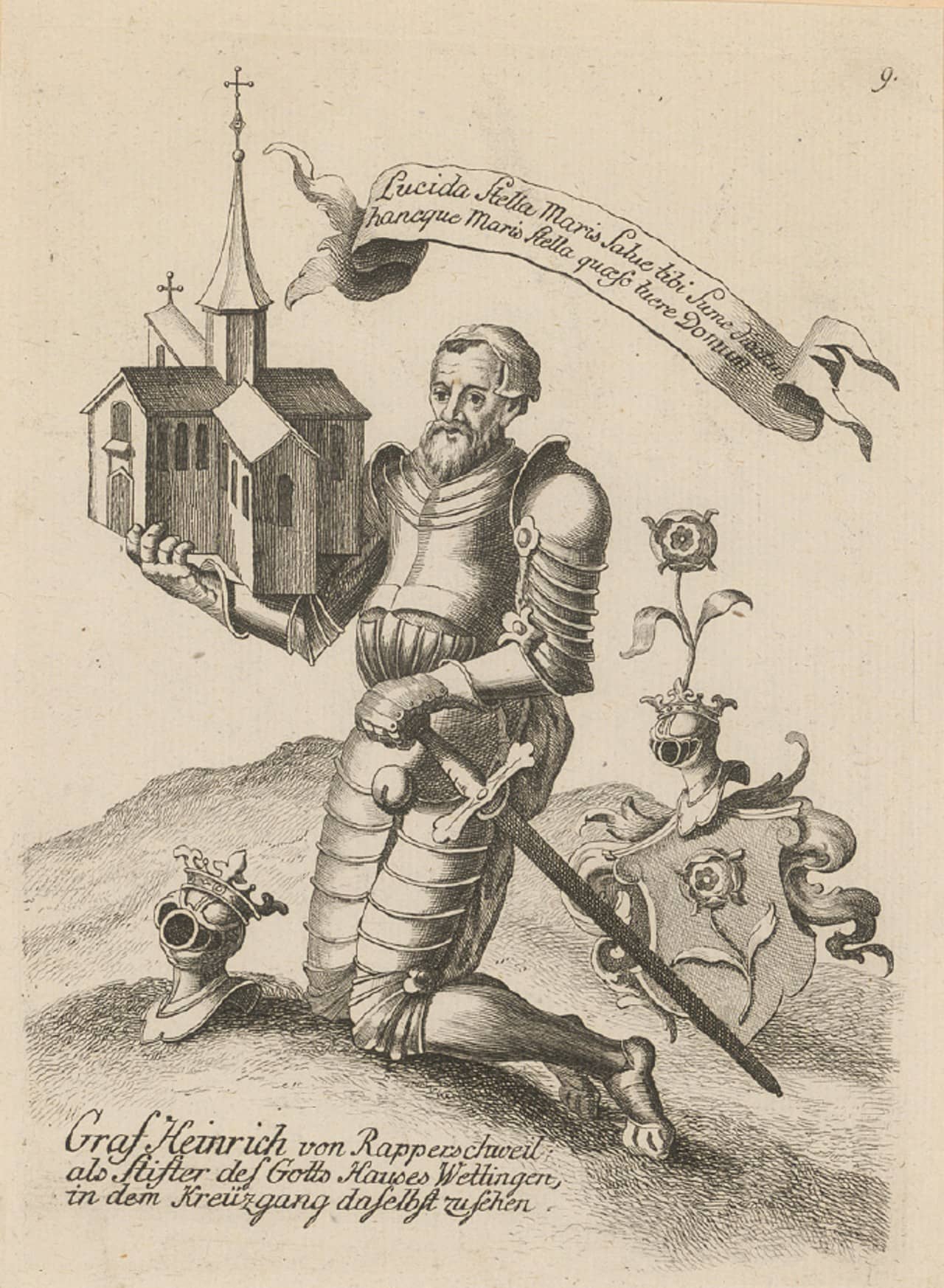 Historische Zeichnung: Graf Heinrich von Rapperswil hält das Kloster Wettingen auf seinem Arm.