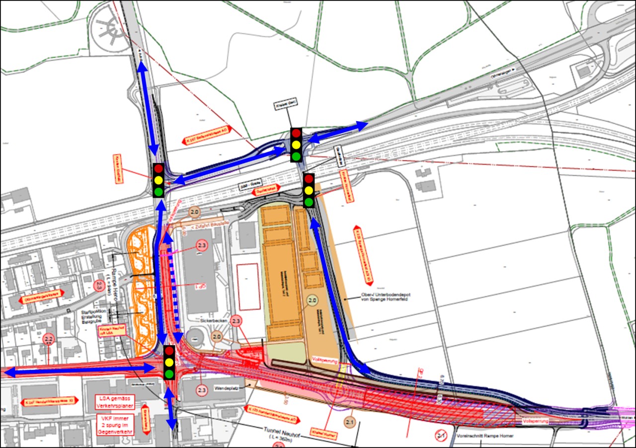 Verkehrsführung in Bauphase 2 mit Plan mit der Sperrung der Hendschikerstrasse und Umleitung