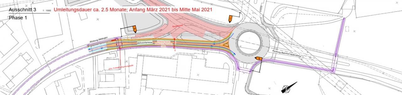 Plan der Verkehrsumleitung am Kreisel Tanklager in der Phase 1