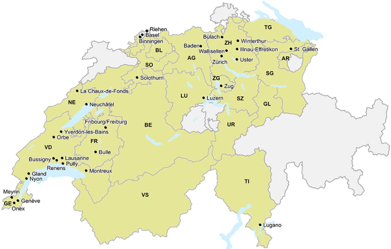 Karte mit den eingezeichneten Kantonen und Städte die beim Cercle Indicateurs teilnehmen