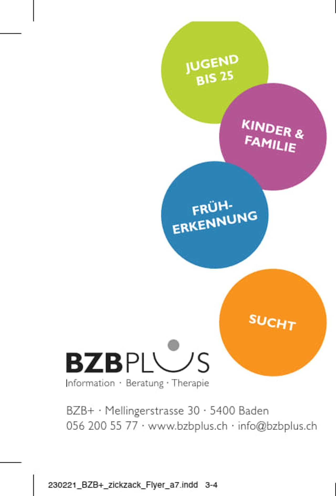 Titelbild einer Broschüre des BZBplus. Auf dem Bild sind bunte Kreise mit den Angeboten ersichtlich. 