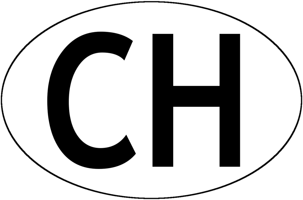 Abbildung des CH-Aufkleibers. Weisse Ellipsenform mit den Buchstaben CH in schwarz