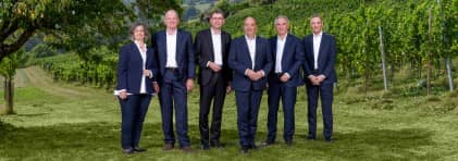 Gruppenbild des Aargauer Regierungsrats in den Rebbergen.