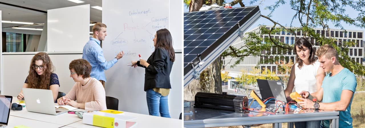 Die zwei Bilder zeigen Studierende an der FHNW, einmal im Gebäude drinnen und einmal draussen, mit dem Campus-Gebäude im Hintergrund