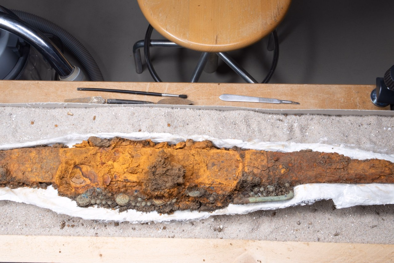 Stark korrodiertes Eisenschwert in einem Gipsmantel auf einem Tisch liegend. Unten sind grünliche Bronzeniete zu sehen. 