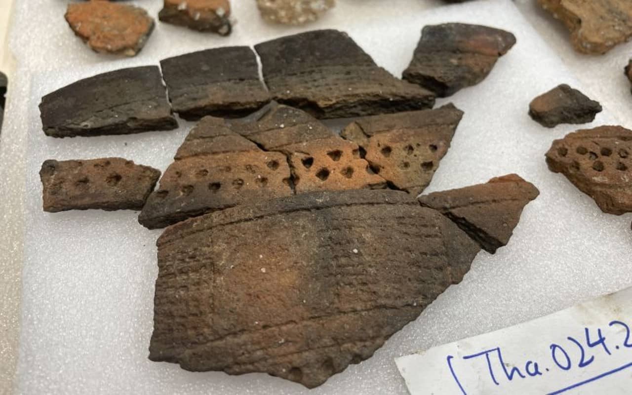 Fragmentierte brsune Scherbe mit eingedrücktem Dekor.