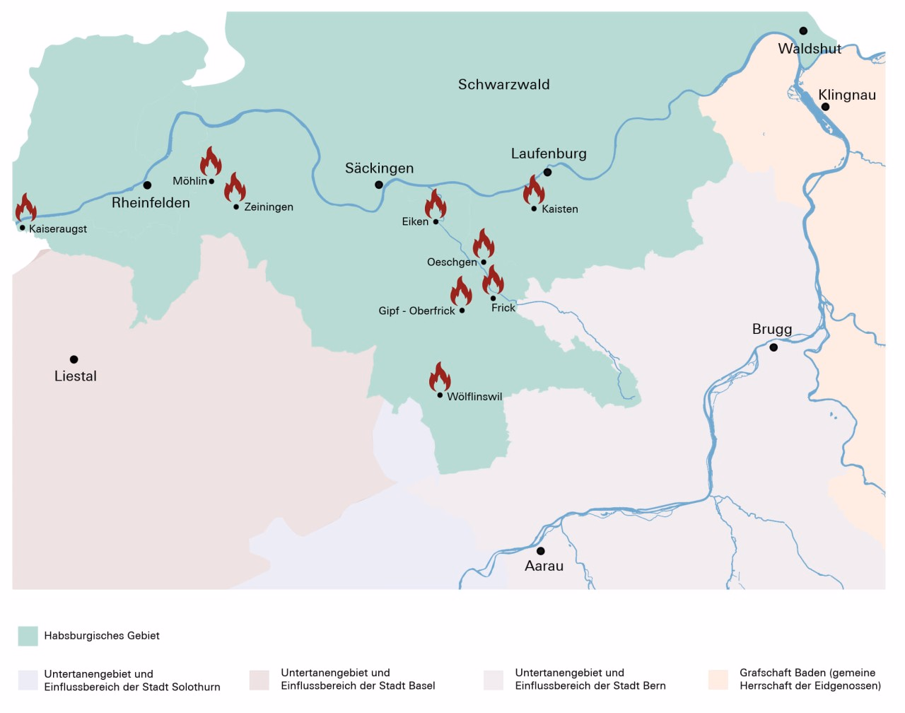 Karte des Fricktals mit roten Flämmchen bei den neun Gemeinden, in denen Brandschichten gefunden wurden.