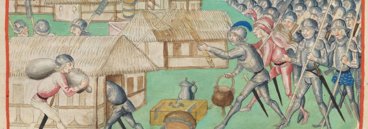 Illustration aus dem Spätmittelalter, die plündernde Berner Kriegsknechte zeigt.