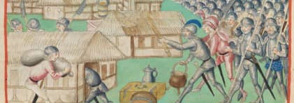 Illustration aus dem Spätmittelalter, die plündernde Berner Kriegsknechte zeigt.