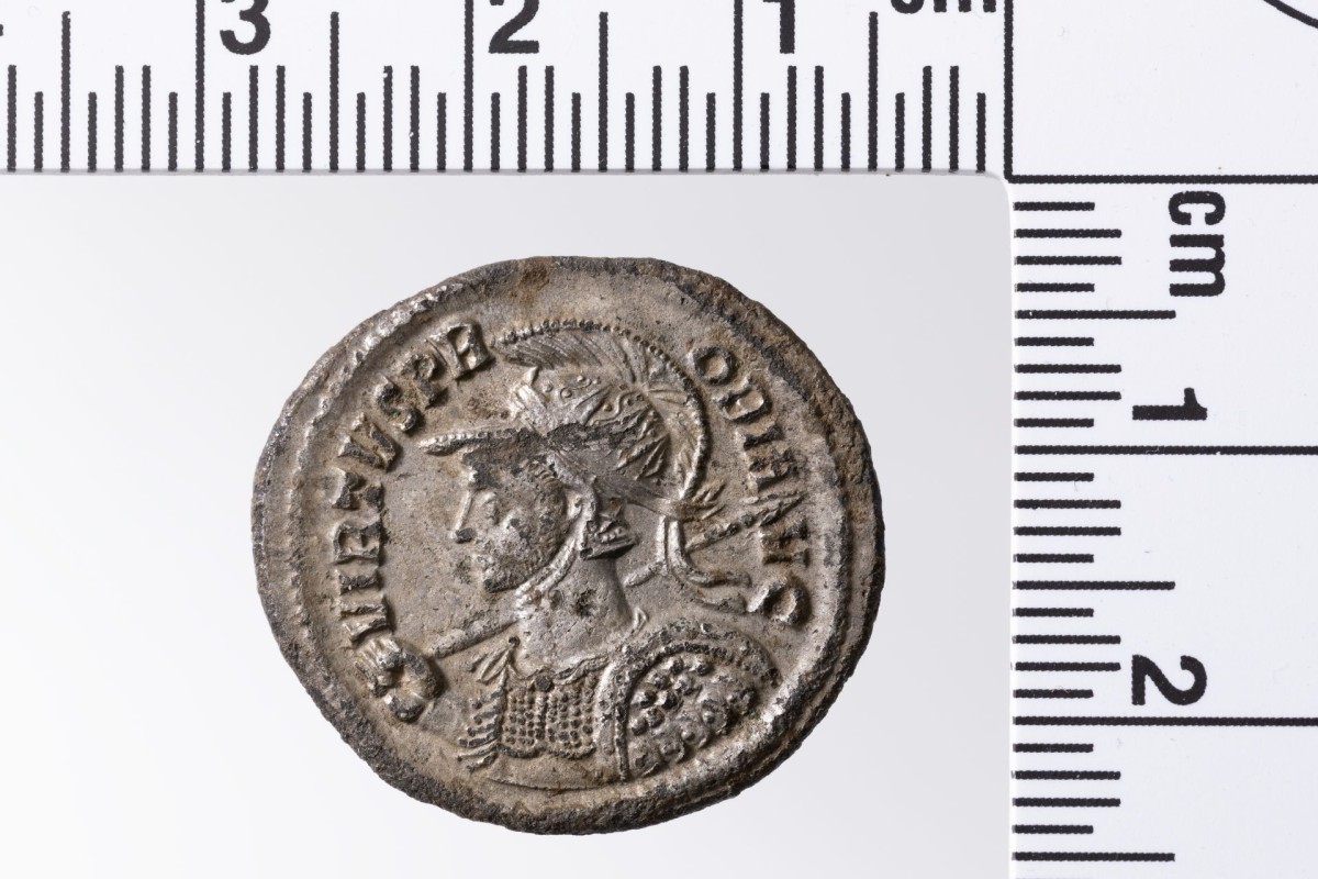 Hellgraue Münze mit feinem Münzbild, das einen nach links schauenden Kaiser zeigt.