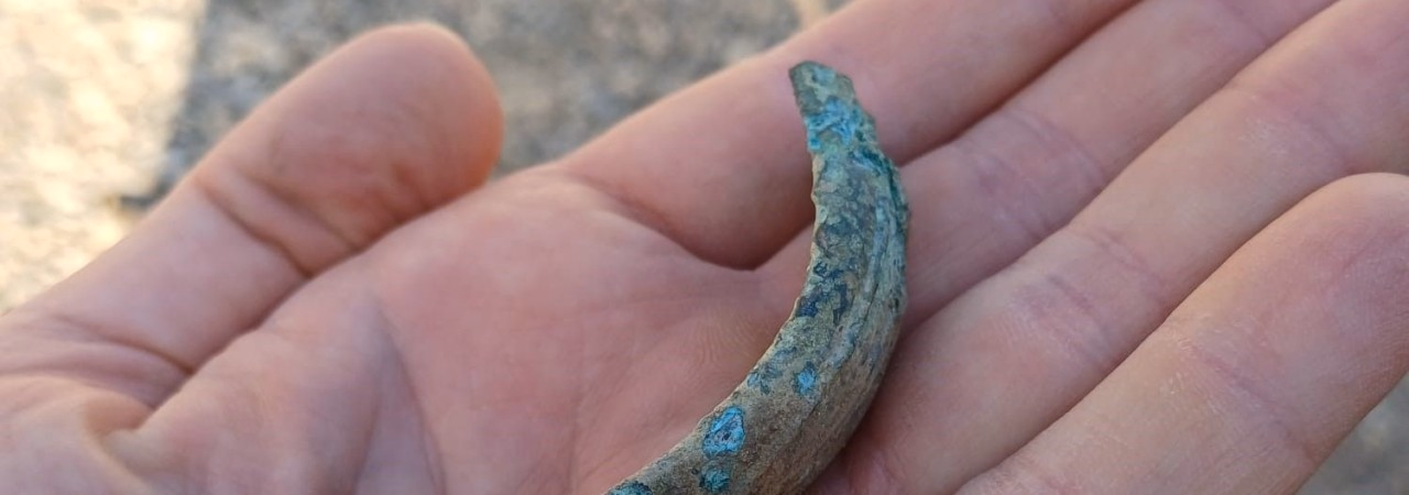 Ein römisches FUndobjekt aus Bronze, ein sogenannter Strigiles fundfrisch auf der Handfläche. 