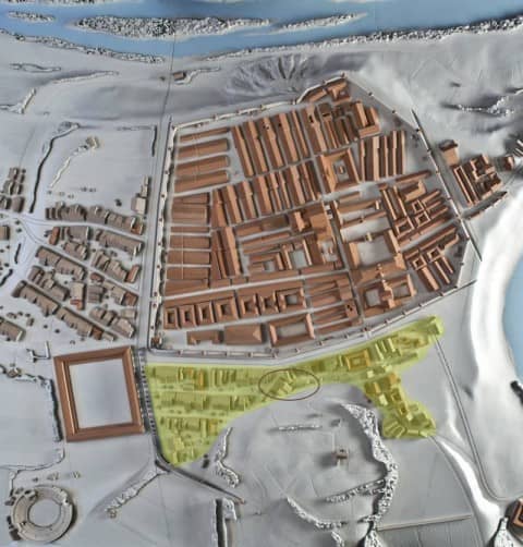 Model des Legionslager Vindonissa mit markierter Ausgrabungsstelle.