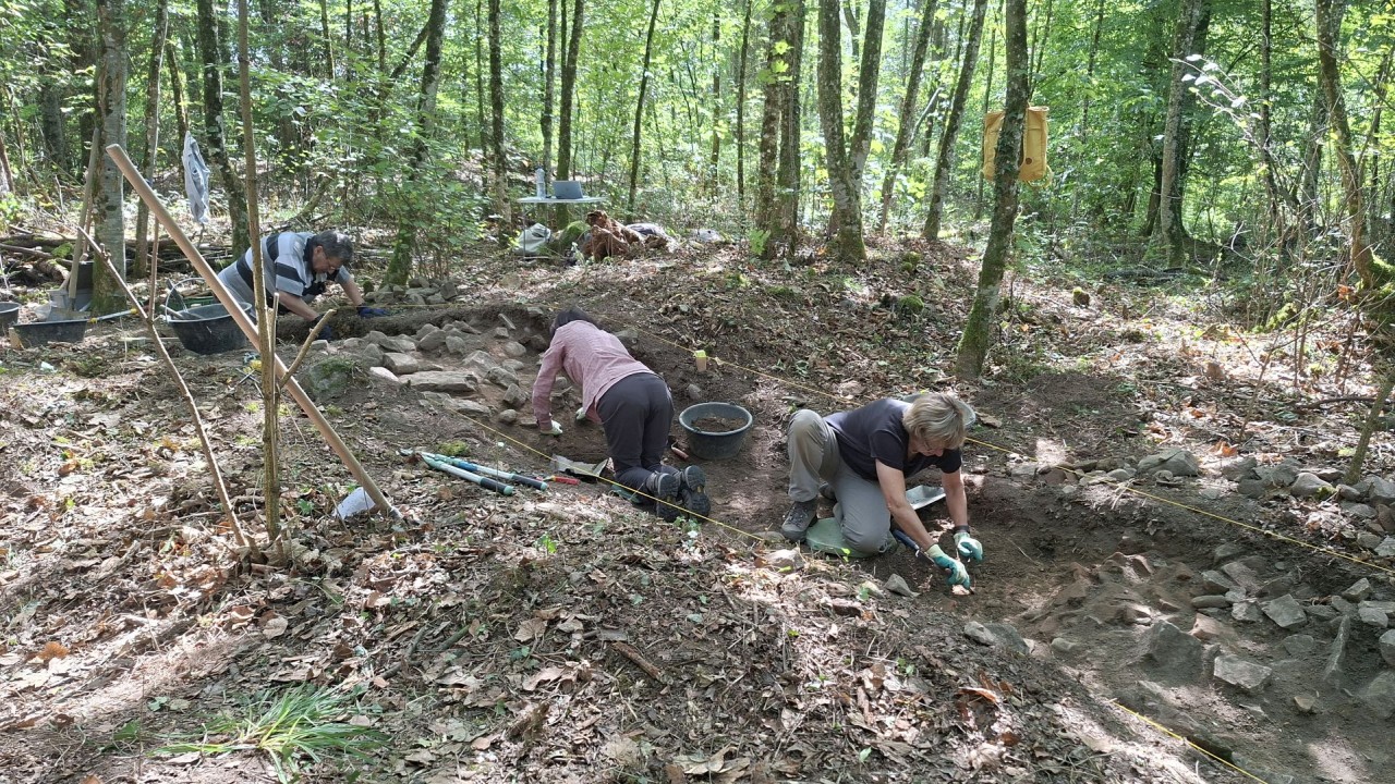 Drei Personen graben in einem Waldstück nach archäologischen Funden. Werkzeuge sind auf dem Boden verteilt. Umgebender Mischwald mit Lichtdurchlässigkeit.