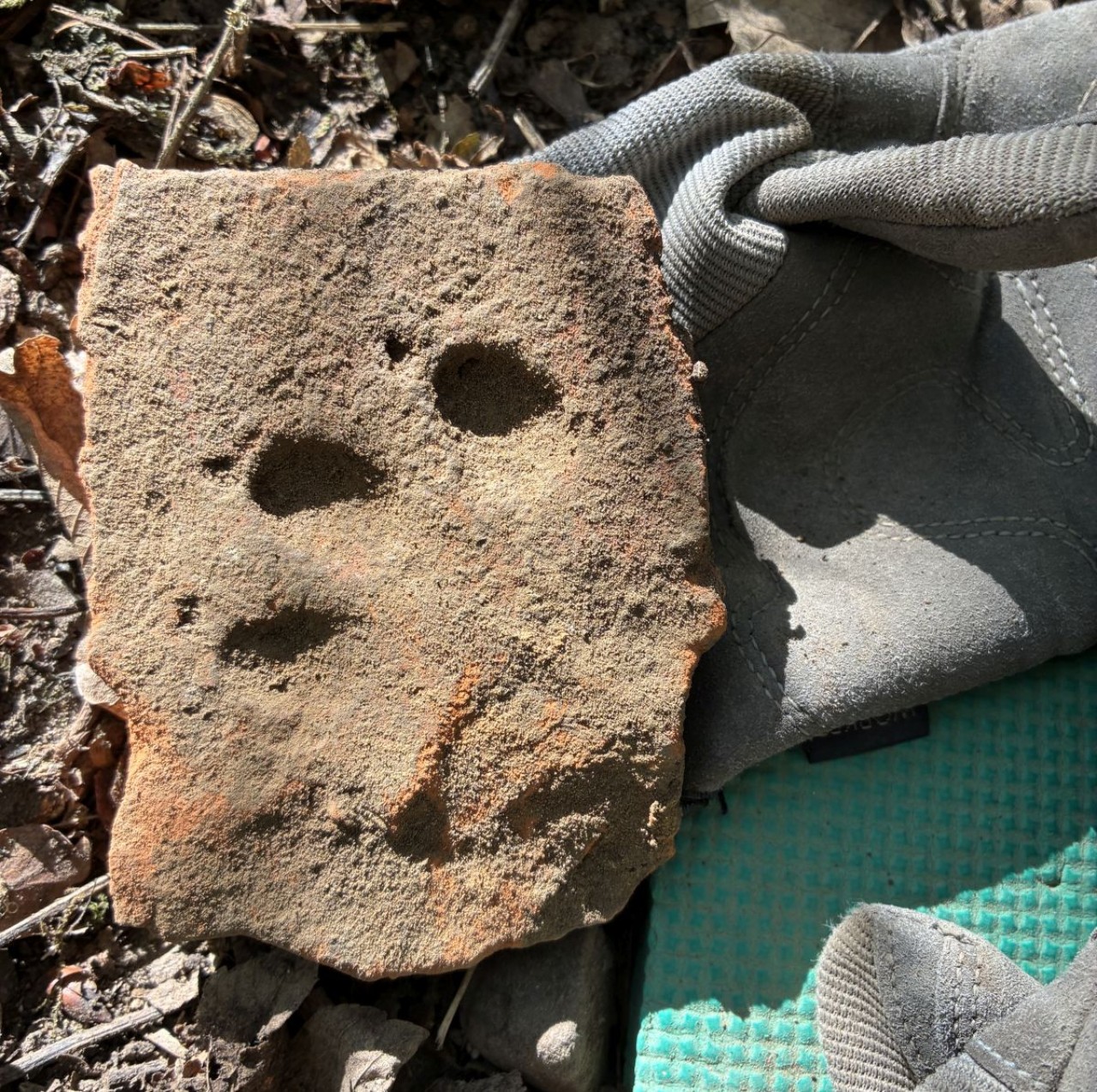 Ein Stück Ziegelfragment mit dem Abdruck einer Hundepfote, liegend auf einem grauen Gewebestoff und einer grünen Matte, umgeben von Erde und Blättern.