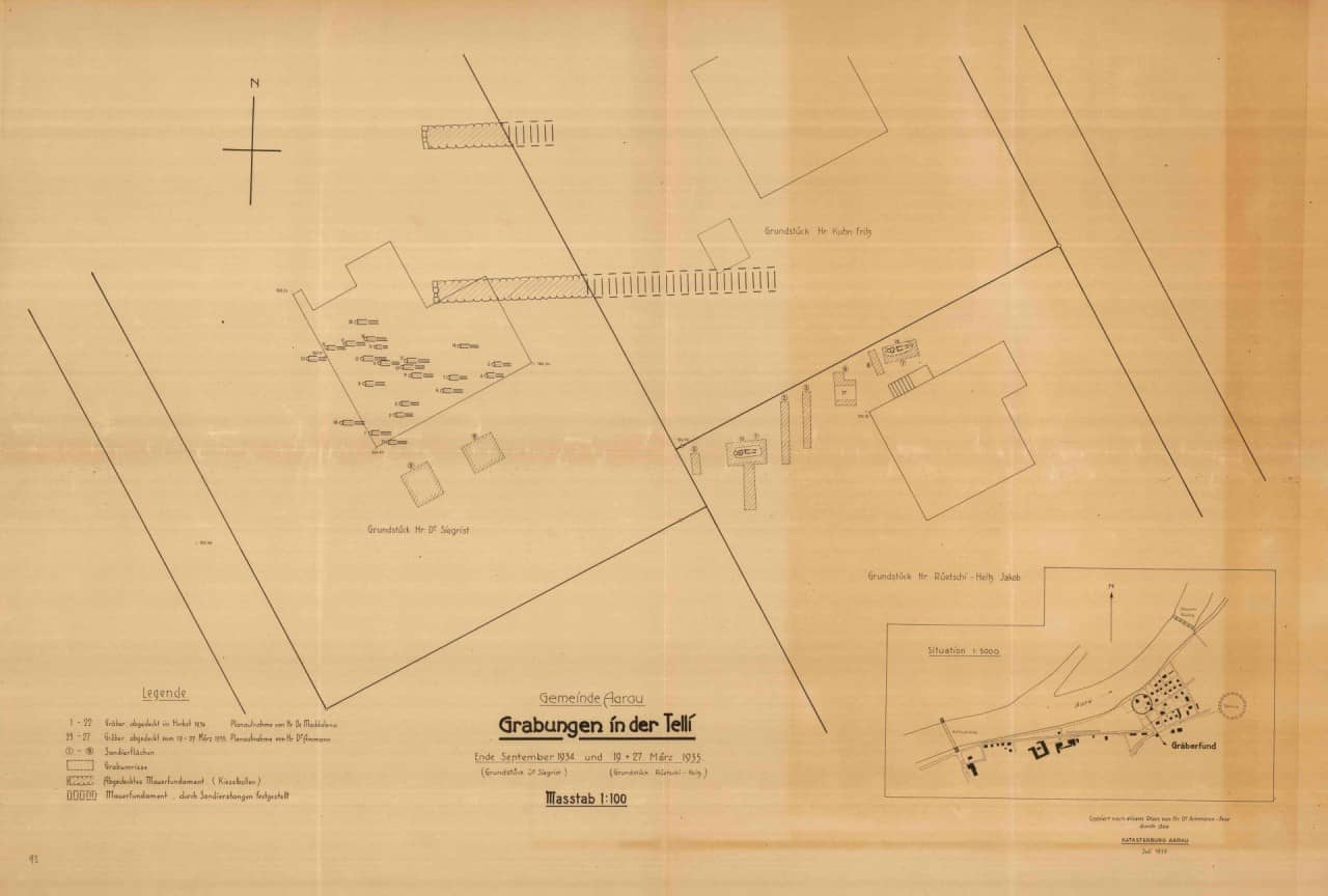 Alter Plan der Ausgrabung von 1934 mit der eingezeichneten Kirche und den Gräbern. 