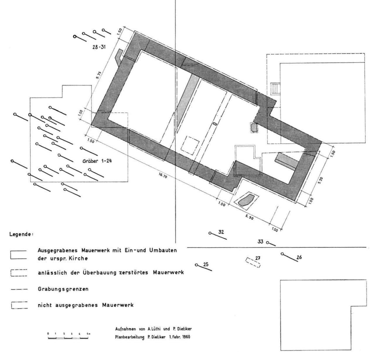 Alter Plan der Ausgrabung von 1959 mit der eingezeichneten Kirche und den Gräbern.
