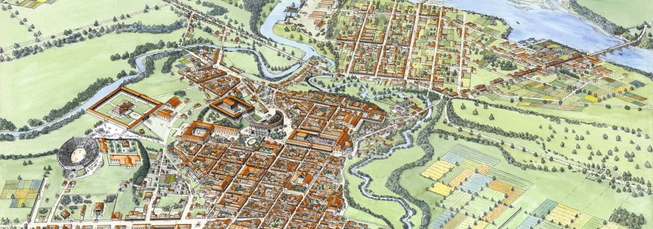 Rekonstruktionszeichnung der römischen Koloniestadt Augusta Raurica um 240 n. Chr. 