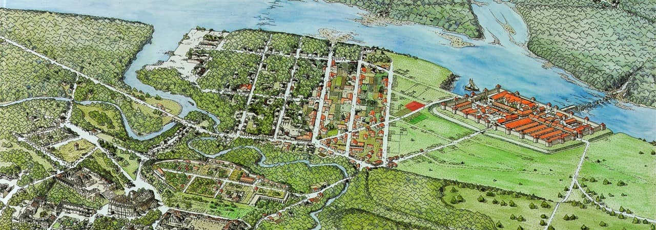 Rekonstruktionszeichnung der römischen Stadt Augusta Raurica.