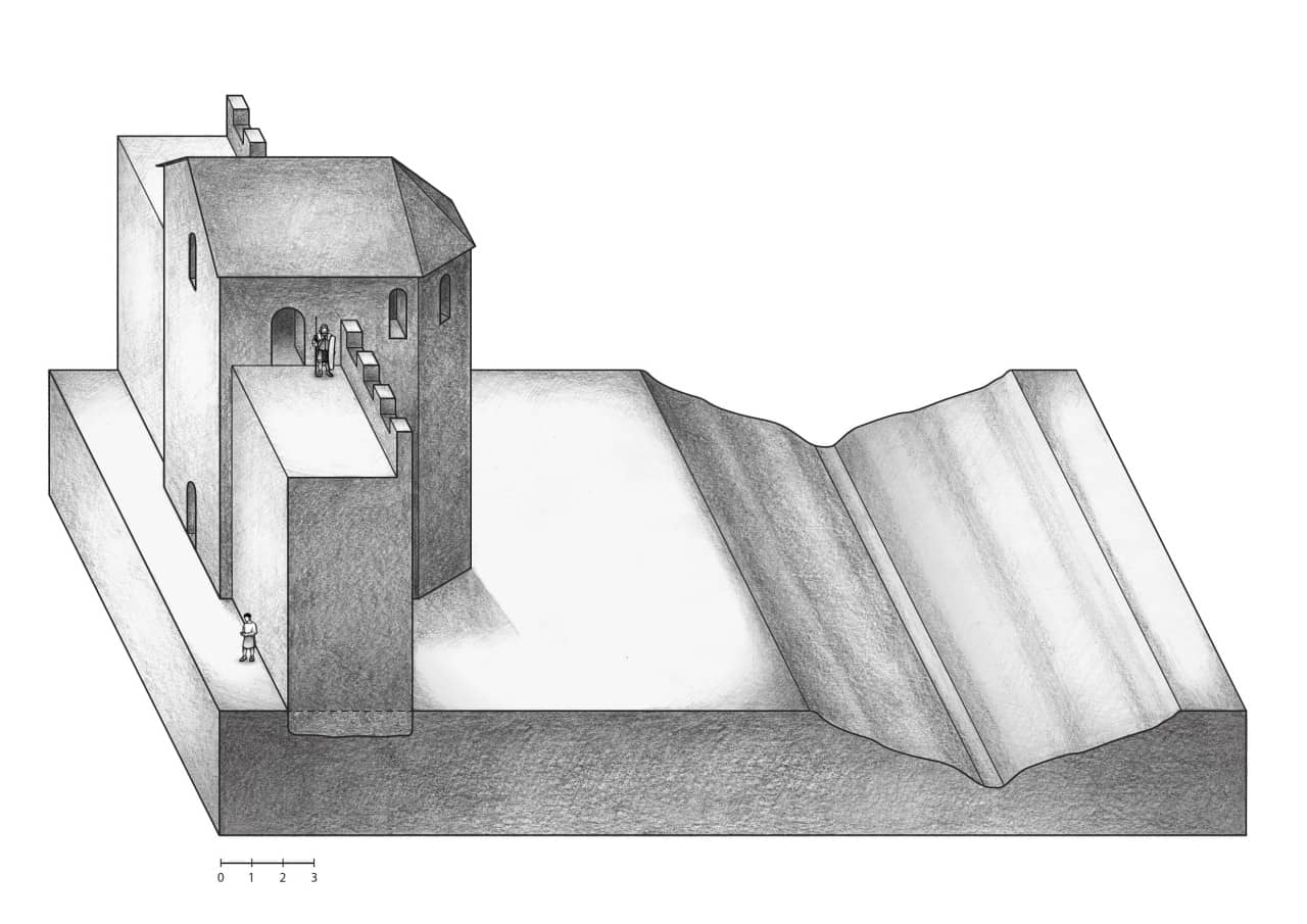 Rekonstruktionszeichnung in Bleistift des älteren Kastellgrabens.