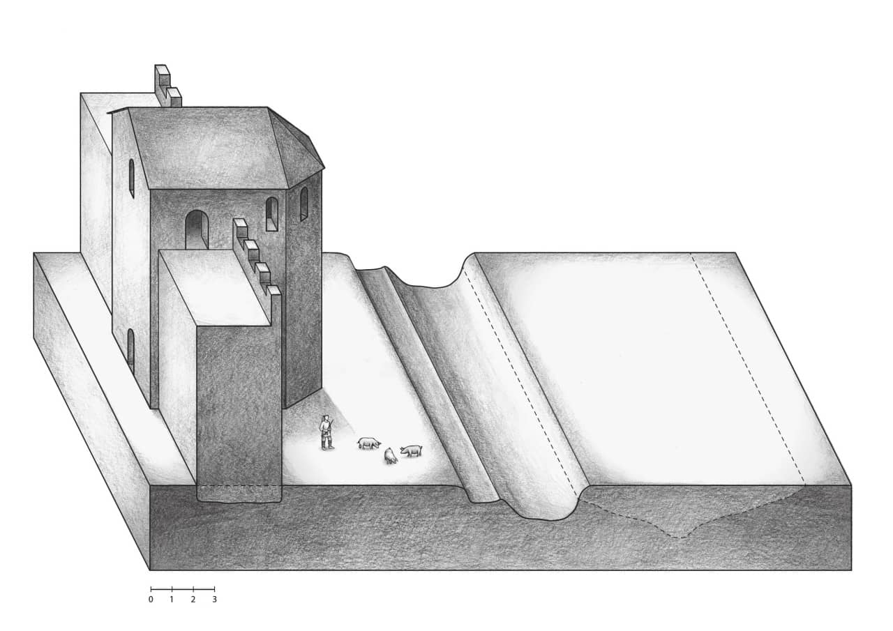 Rekonstruktion in Bleistift des jüngeren Kastellgrabens.