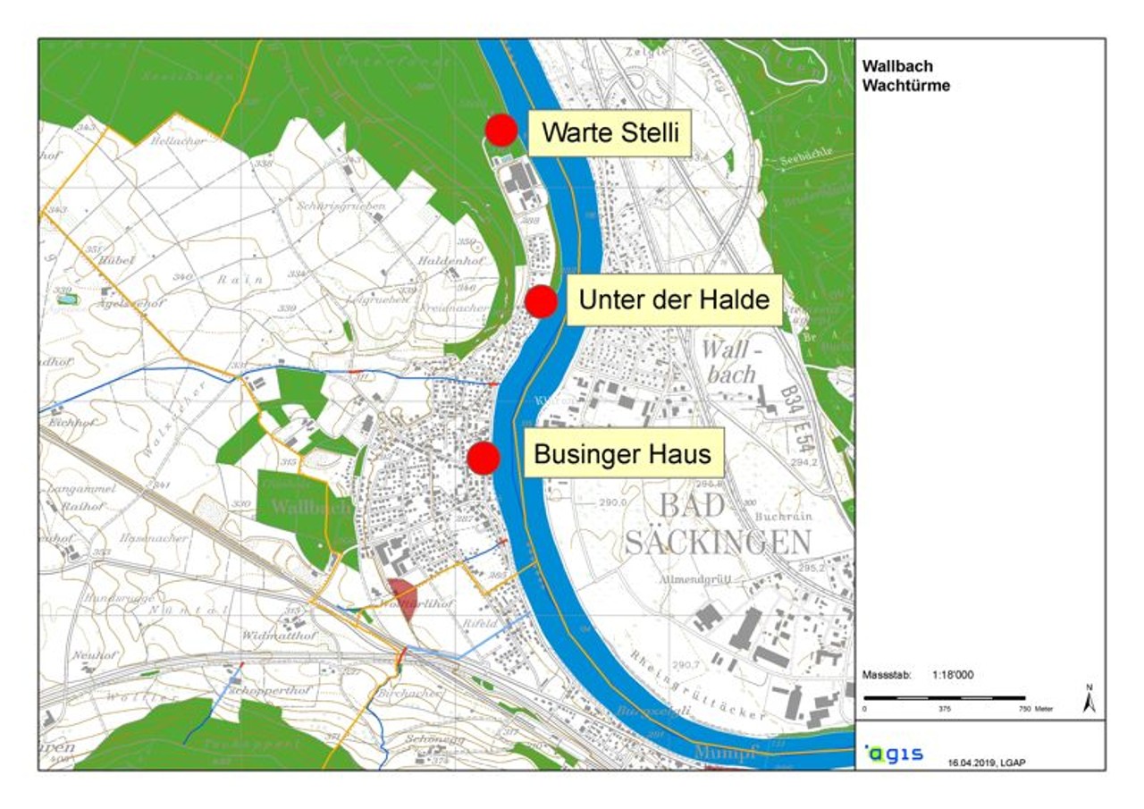 Karte mit Rheinverlauf und den drei Wachtürmen in Wallbach.