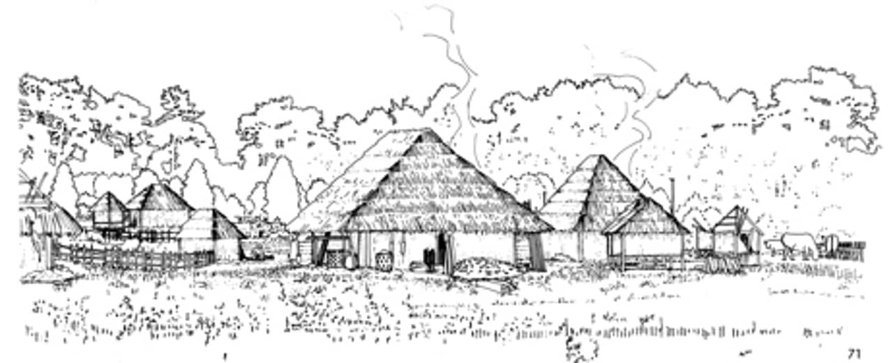 Zeichnung eines bronzezeitlichen Dorfes.