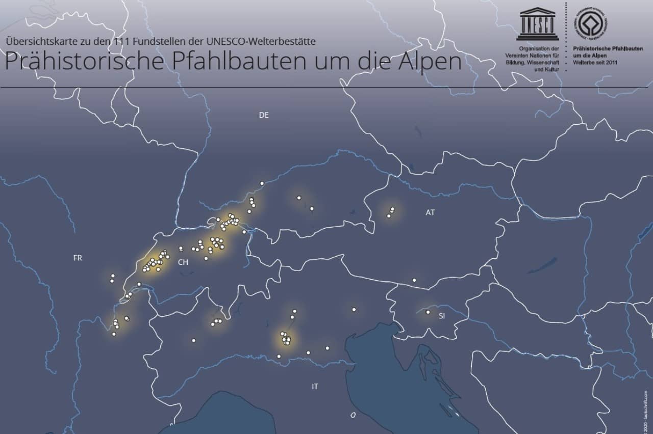 Karte aller Pfahlbaufundstellen, die zum UNESCO-Welterbe gehören.