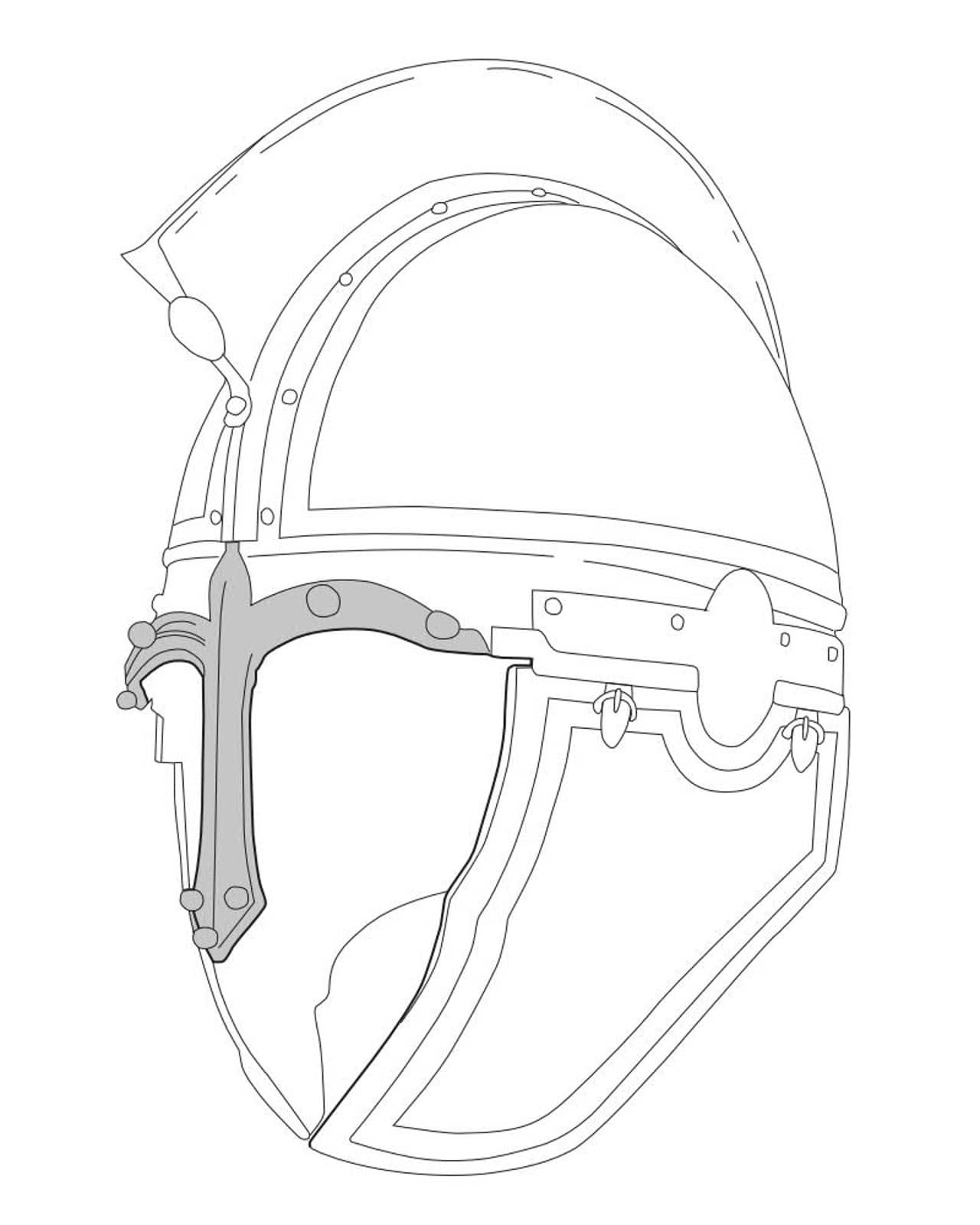 Zeichnung eines römischen Helms mit Nasenschutz.