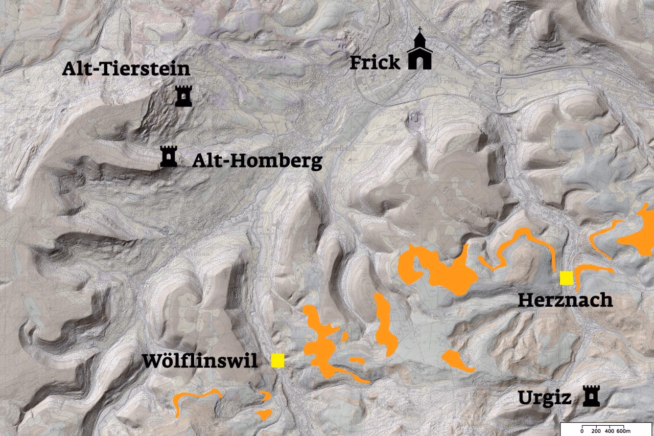 Karte des Fricktals mit orange eingefärbten Erzgebieten.