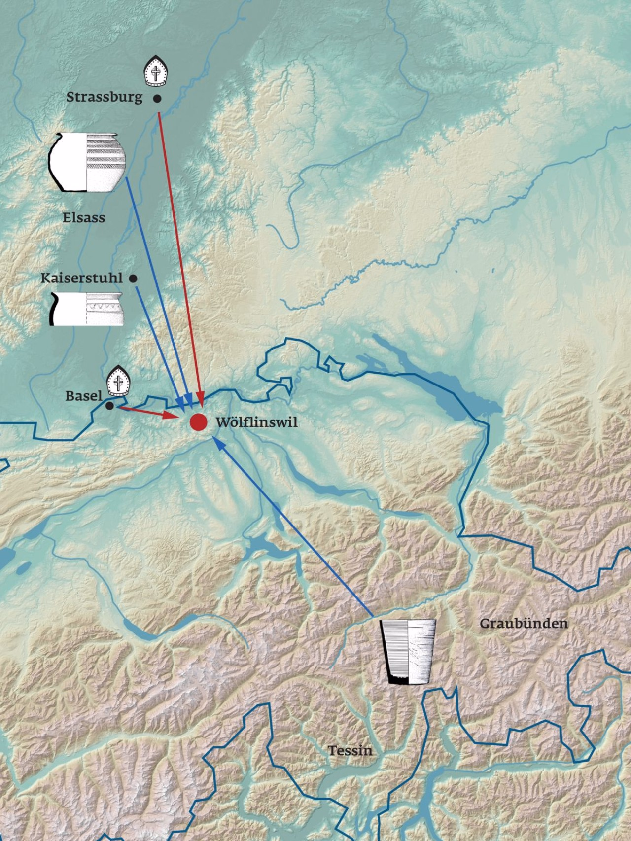 Karte mit eingezeichneten Pfeilen, die die Einflussgebiete der Bischöfe und die Handelsbeziehungen zeigen.