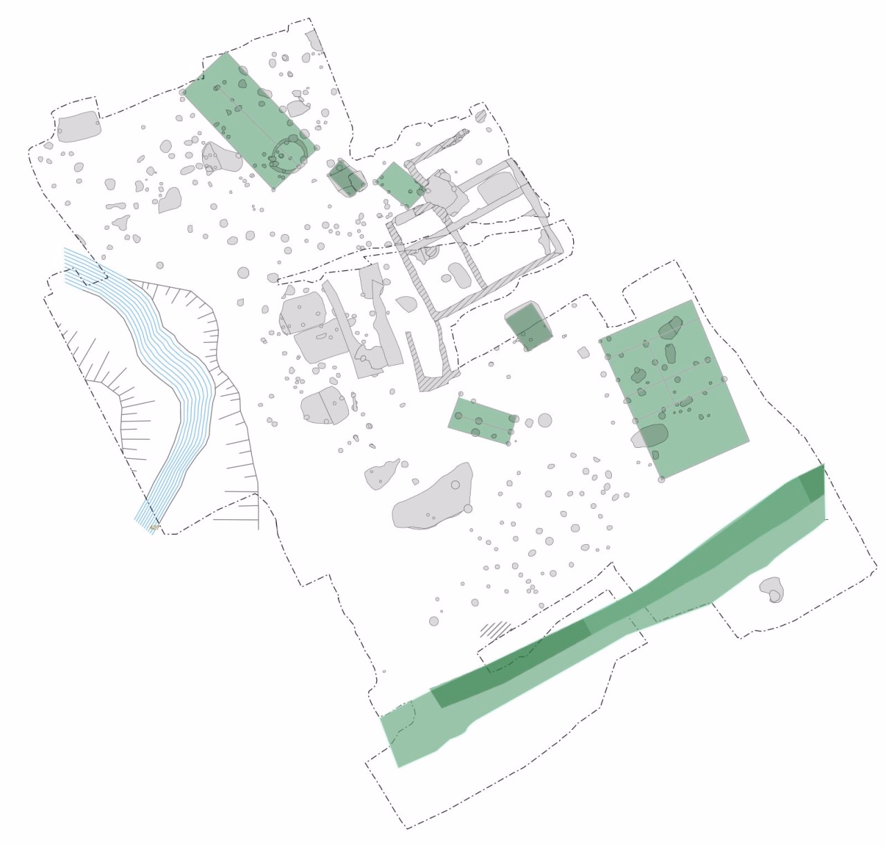 Gesamtplan der ausgegrabenen Fläche, grün markiert die Strukturen aus dem 7./8. Jahrhundert.