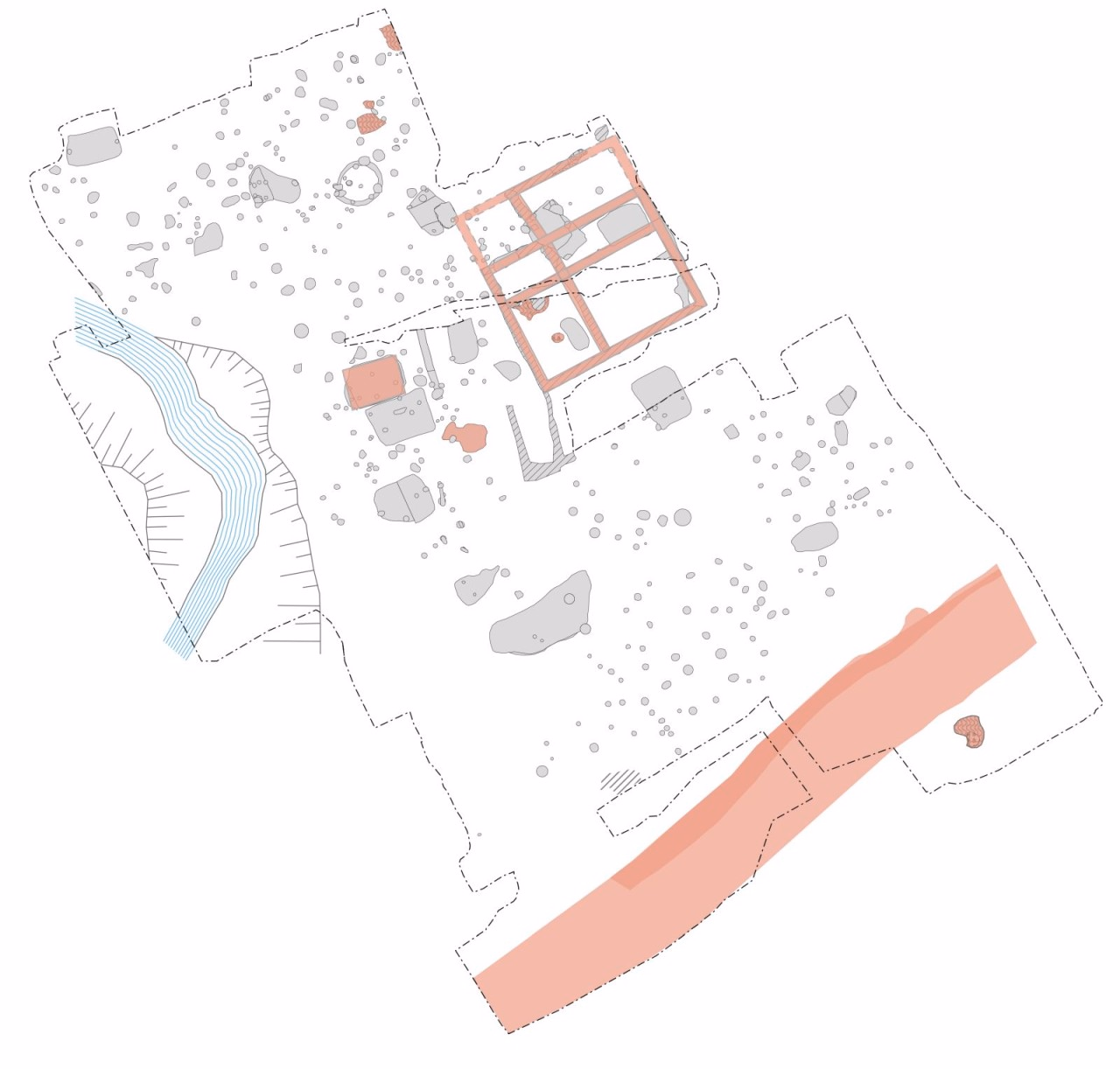 Gesamtplan der ausgegrabenen Fläche, rot markiert die Strukturen aus dem 9./10. Jahrhundert.