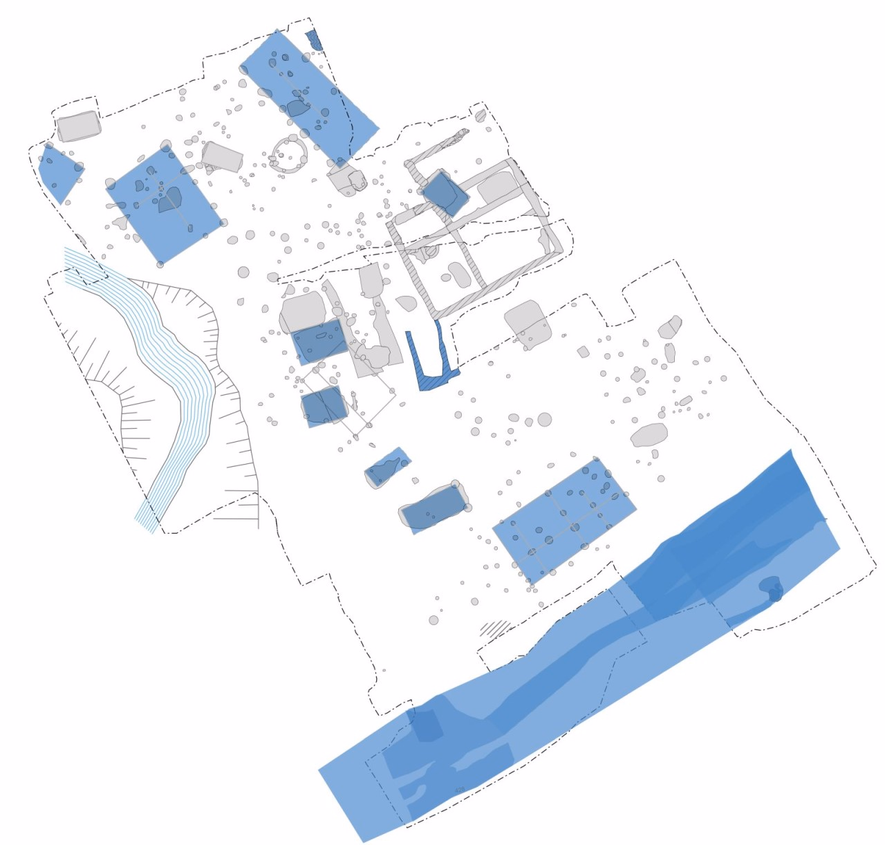 Gesamtplan der ausgegrabenen Fläche, blau markiert die Strukturen aus dem 11./12. Jahrhundert.