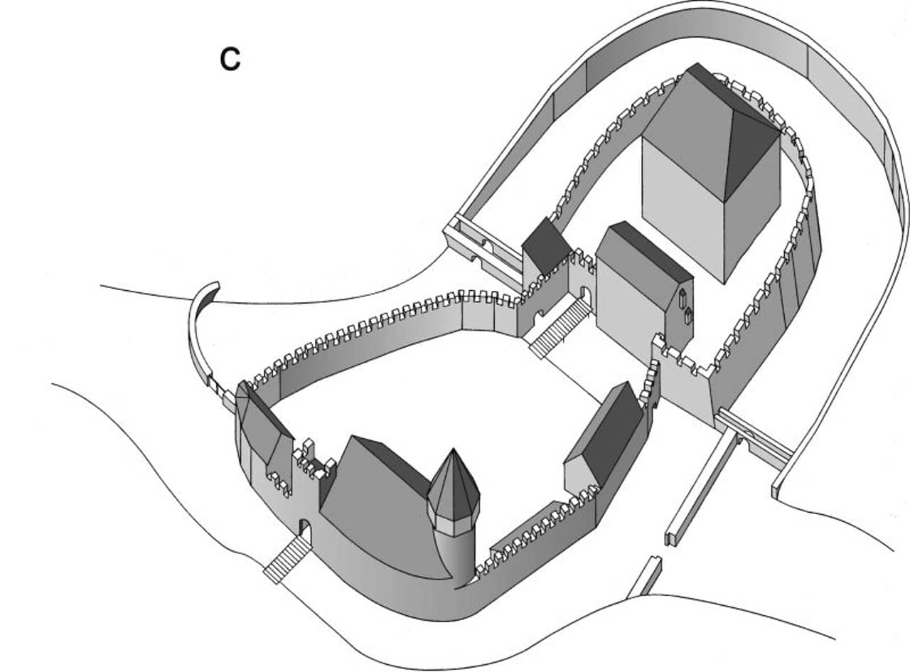 Zeichnung der Burg Hallwyl im 14. Jahrhundert.