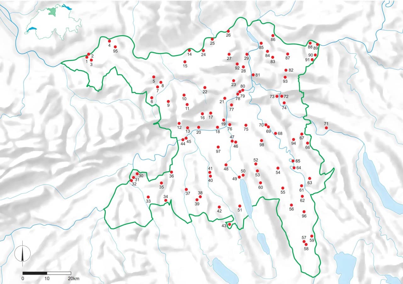Alle 98 Burgen im Kanton Aargau eingezeichnet in einer Karte.