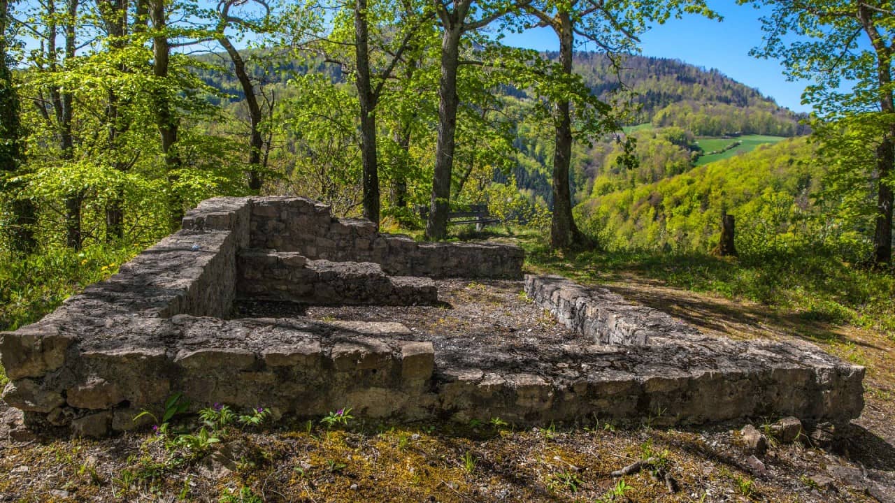 Blick an die Mauern der Burg Urgiz im Wald