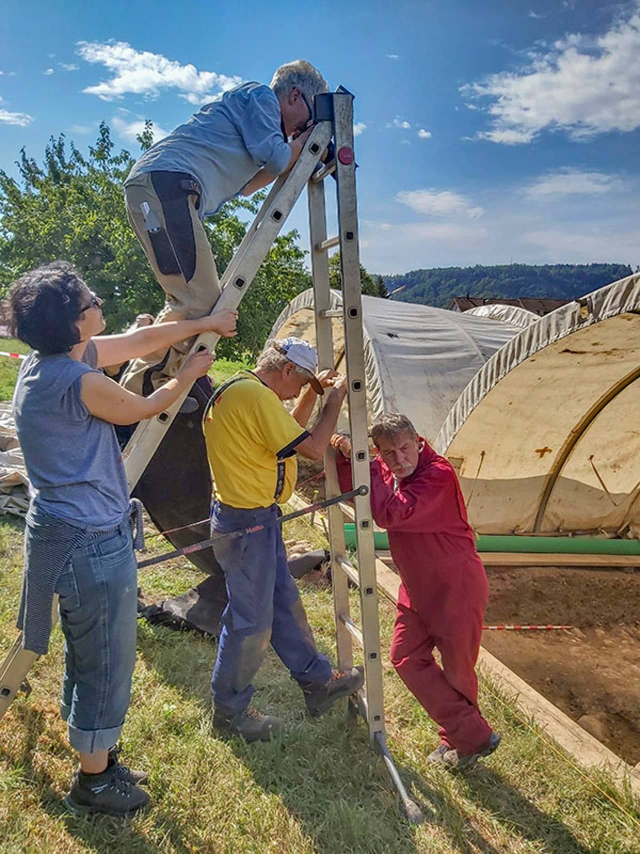 Drei Freiwillige stützen die Leiter mit der Grabungstechnikerin