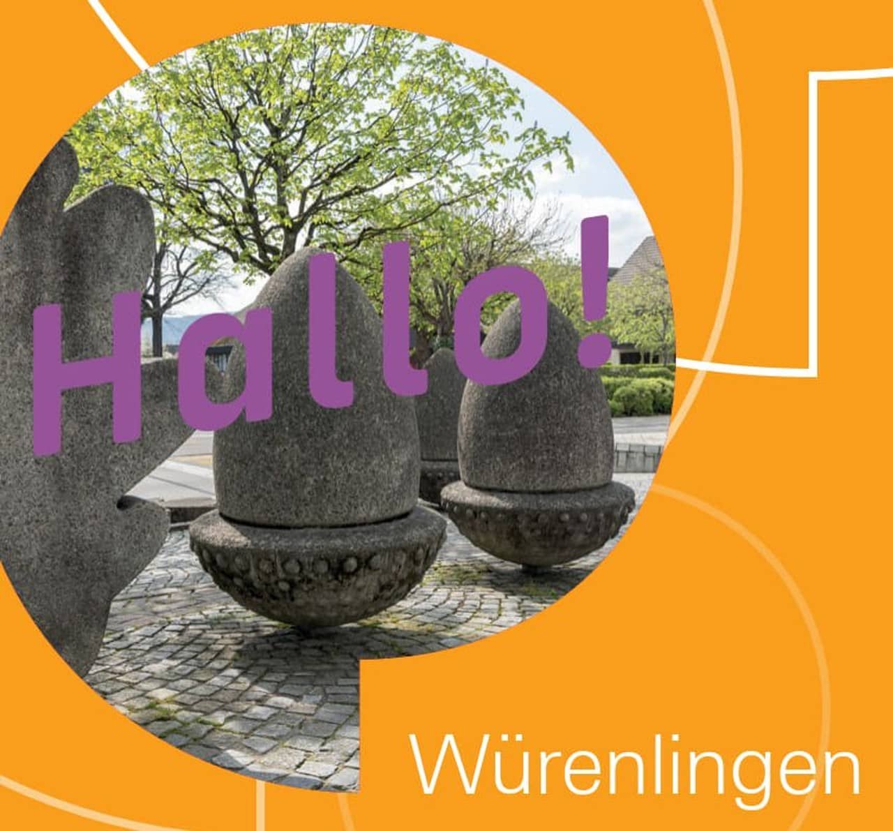 Sprechblase mit Foto der drei steinernen Eicheln in Würenlingen.