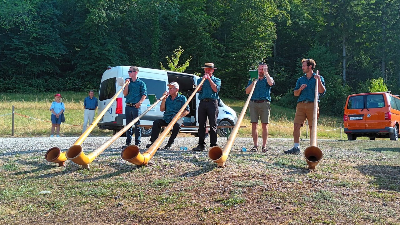 Fünf Personen spielen Alphörner in einer ländlichen Umgebung mit Wiese und Wald im Hintergrund.