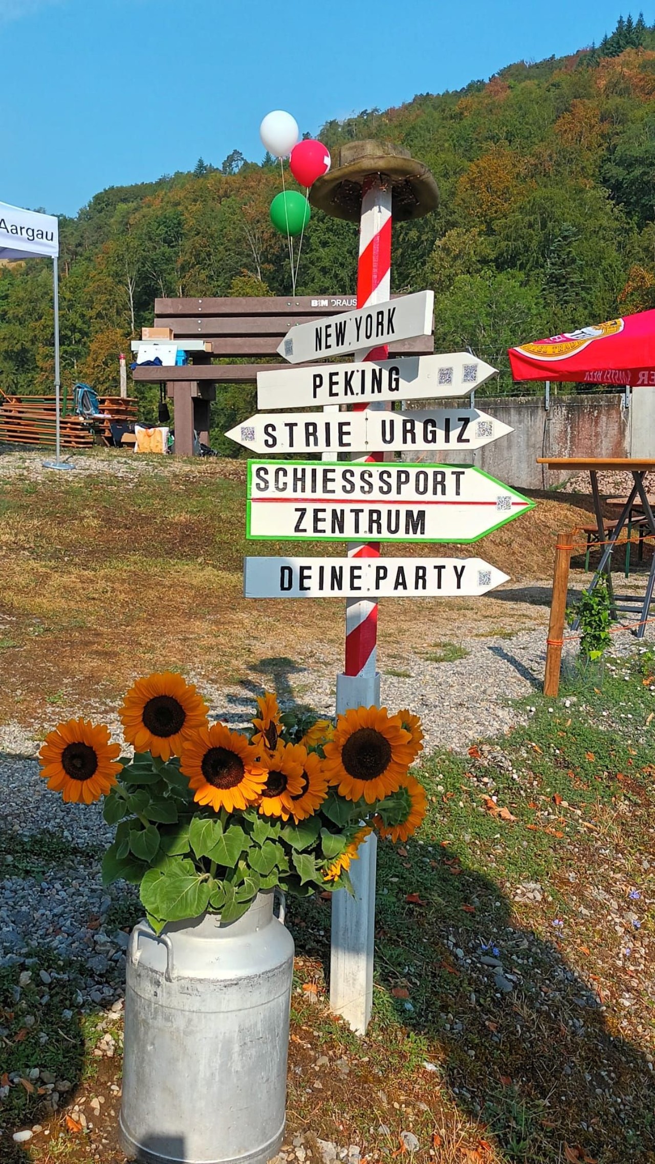 Ein Wegweiser mit mehreren Schildern, darunter 'New York' und 'Deine Party', steht neben einem Milchkännchen mit Sonnenblumen. Im Hintergrund sind Ballons, ein Gebäudeeingang und Natur zu sehen.