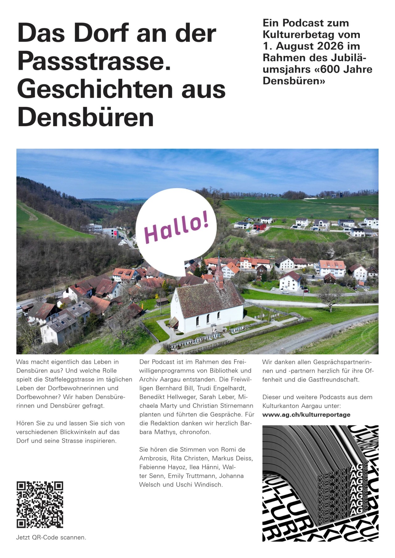 Luftaufnahme eines Dorfes in hügeliger Landschaft mit grünen Wiesen. Schriftzug 'Hallo!' in einer Sprechblase. Textblöcke und ein QR-Code ergänzen das Bild.