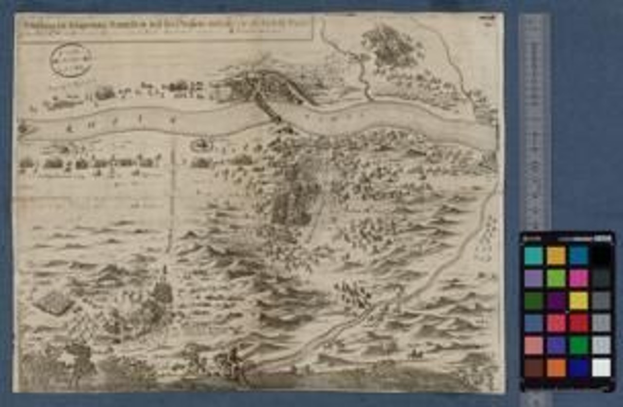 Historische Karte mit Fluss, Landschaft und Brücke, beschriftet mit Orts- und Geländenamen, inklusive Farbskala und Grössenmessung am rechten Rand.