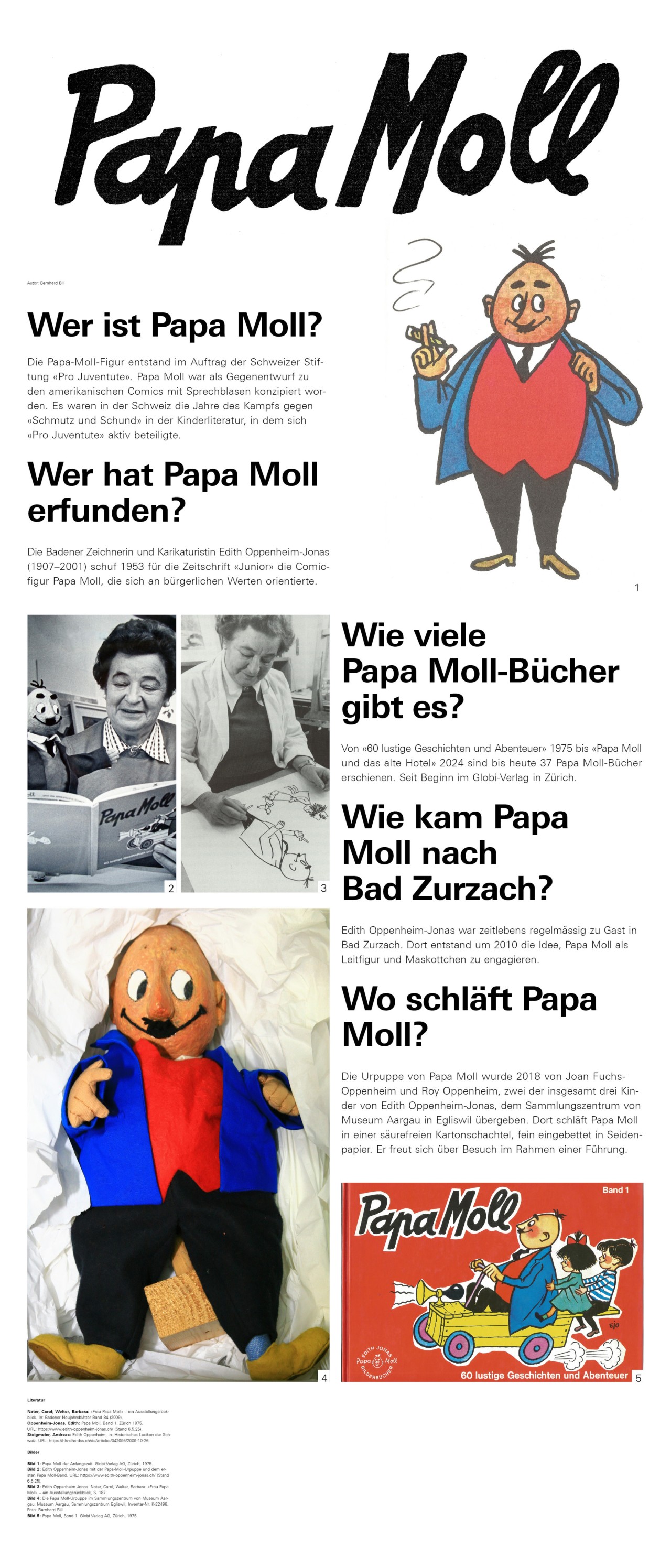 Banner zur Figur Papa Moll mit Texten und Bildern.