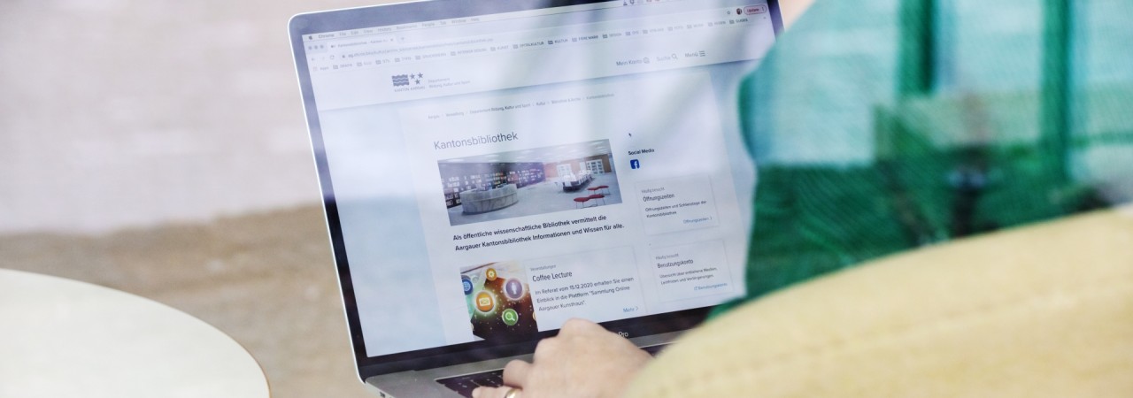 Blick durch eine Glasscheine auf eine Person mit grünem Oberteil, die auf einem beigen Sessel sitzt und an einem Laptop arbeitet.