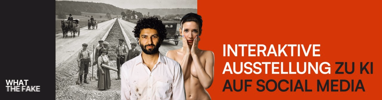 Banner mit KI-generierten Personen und einer KI generierten Schwarz-Weiss-Fotografie.