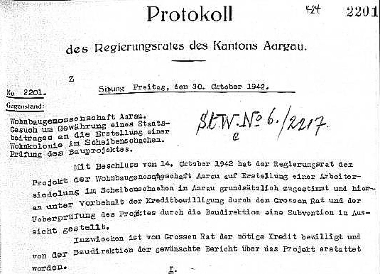 Schwarzweiss-Darstellung eines Dokuments. Nur der Kopf des Dokuments und ein paar Zeilen sind sichtbar – Platzhalter für den entsprechenden Regierungsratsbeschlusses von 1942.
