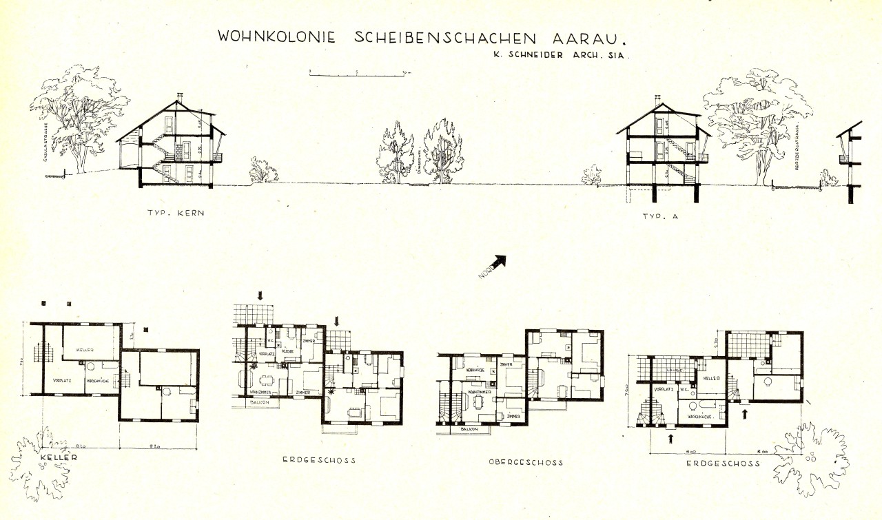 Schwarzweiss-Darstellung von zwei verschiedenen Häusertypen. Oben als Seitenriss und unten als Grundriss. Die Grundrisse zeigen das Keller-, Erd- und Obergeschoss.