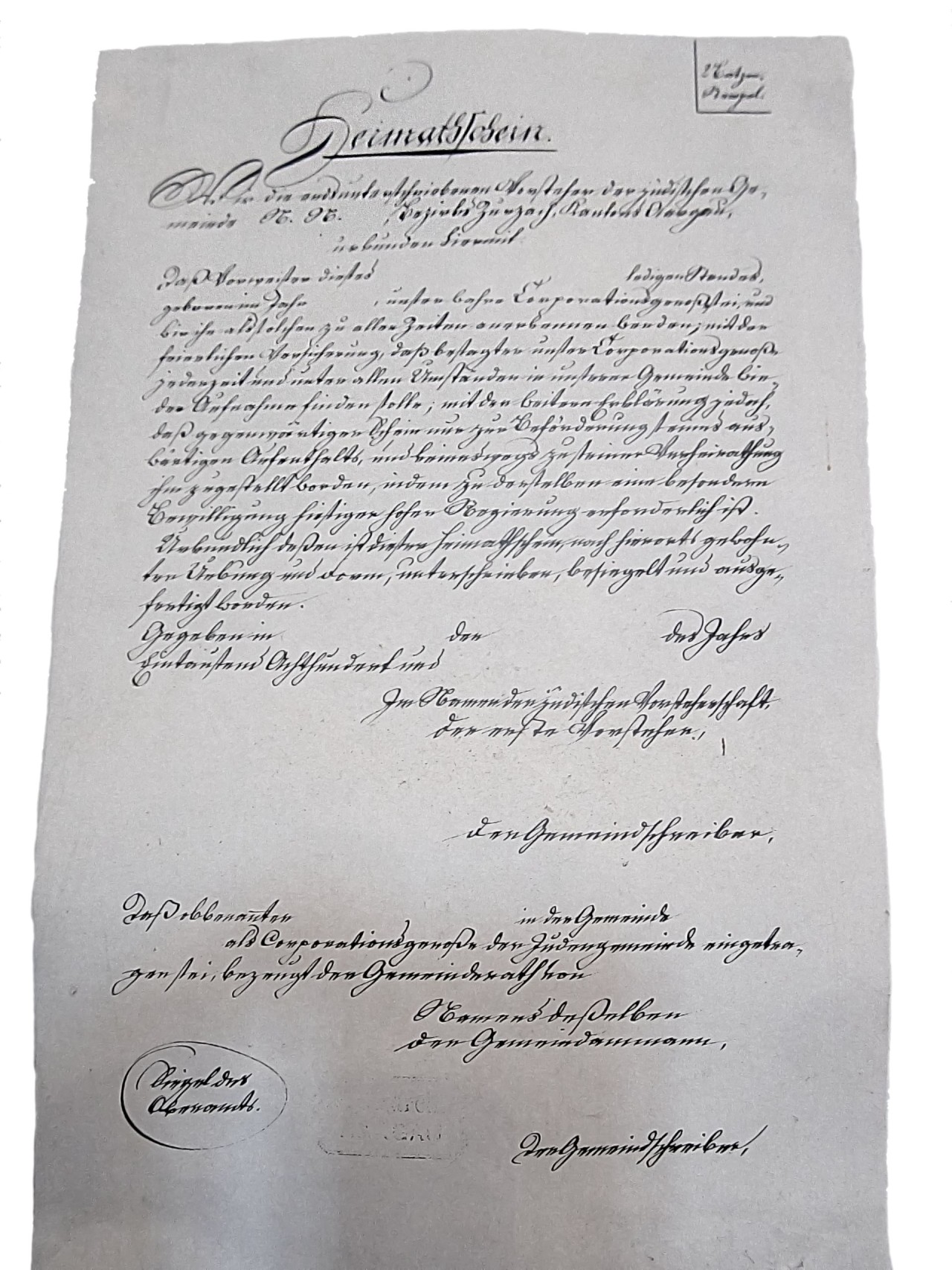 Handgeschriebener Heimatschein für die Juden in Endingen und Lengnau zwischen 1824–1878.